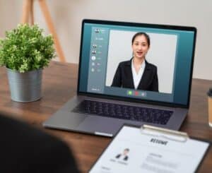 "Confident professional speaking during a virtual interview with clear English communication.