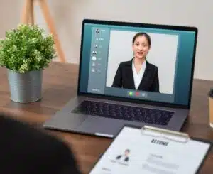 "Confident professional speaking during a virtual interview with clear English communication.