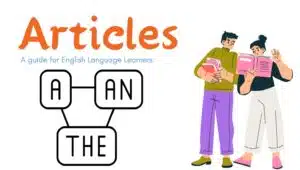 An educational image displaying the English articles: 'a', 'an', and 'the' with examples.