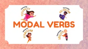 Blog cover image showing modal verbs like can, must, should, would with creative icons and grammar theme