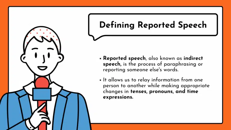 Cartoon presenter explaining the definition of reported speech with bullet points on its meaning and usage.