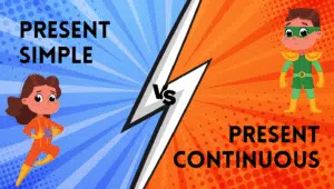 Comparison of Present Simple vs. Present Continuous tenses with example sentences and usage rules