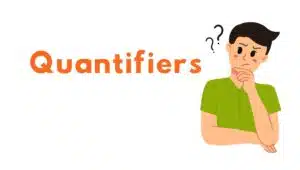 A colorful infographic explaining quantifiers in English with examples like "some apples," "many students," and "a few books."