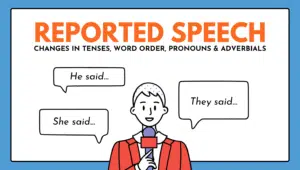 Illustration of a reporter with speech bubbles showing "He said...", "She said...", and "They said..." — introducing reported speech grammar rules.