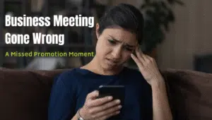 A nervous professional fumbling during a corporate meeting while colleagues watch silently, missing a key opportunity for promotion.