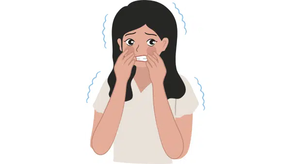 A woman depicted with her mouth open, conveying a sense of astonishment or joy in the illustration.