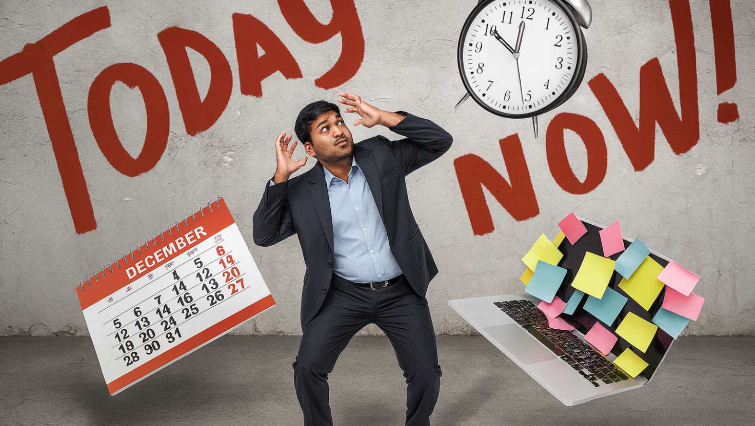 Overwhelmed Indian professional facing deadline pressure with sticky notes, clock, and calendar symbolizing time management challenges.