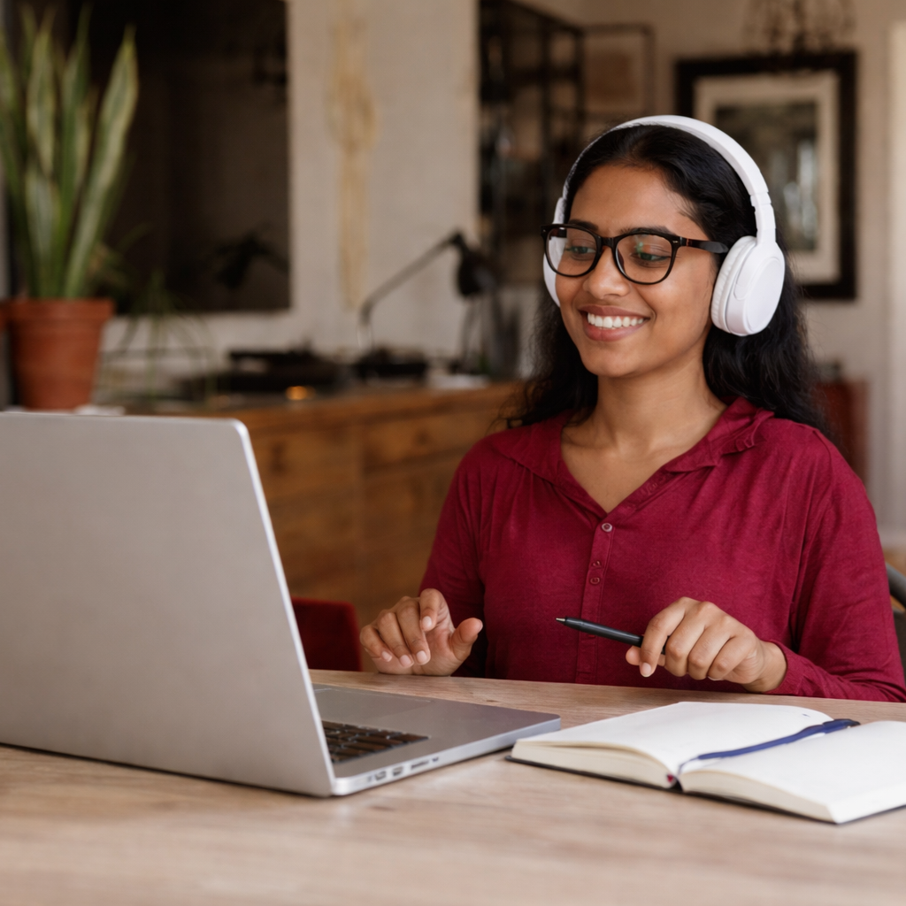 Student attending online spoken English class with headphones and notebook