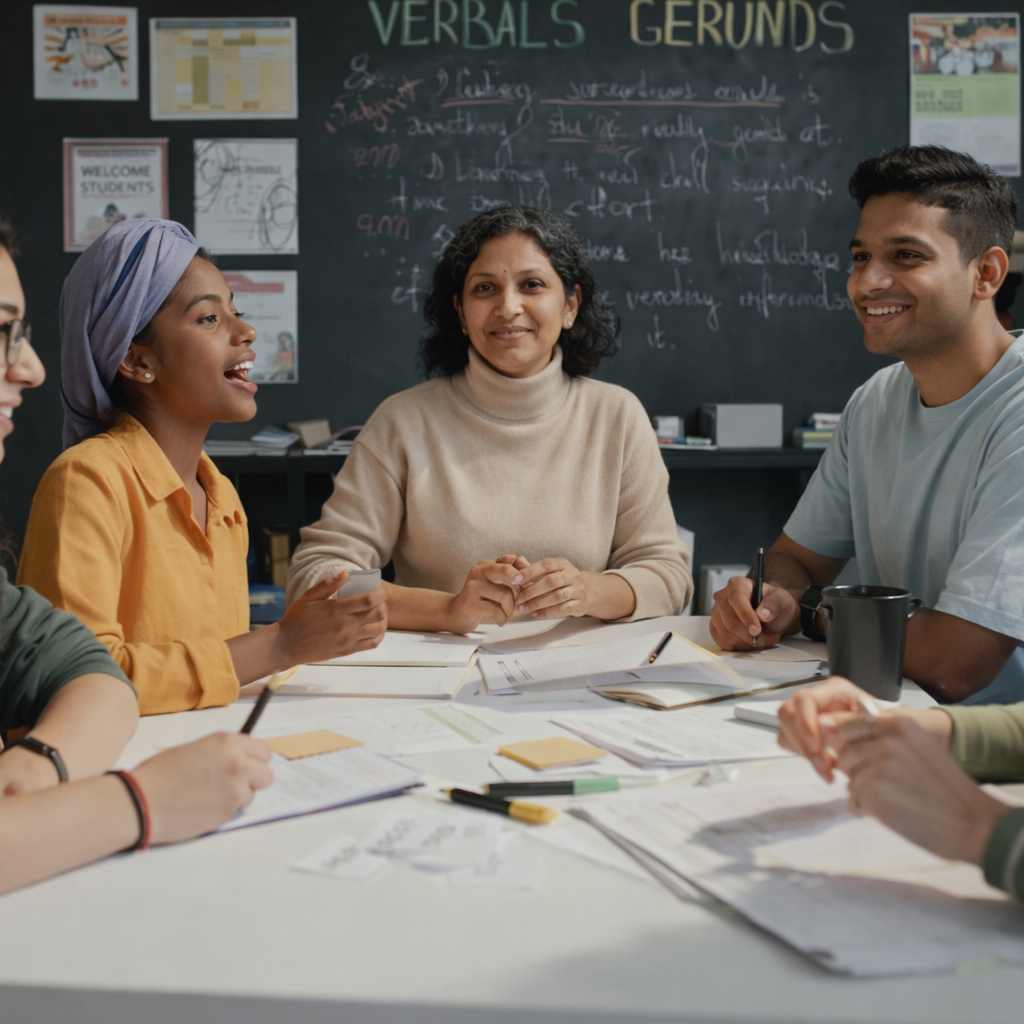 Students practicing English conversation in group speaking class