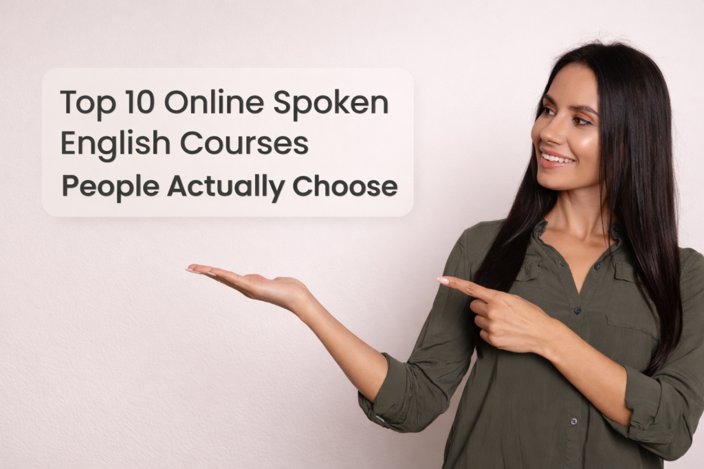Woman pointing at text banner about top 10 online spoken English courses people actually choose.