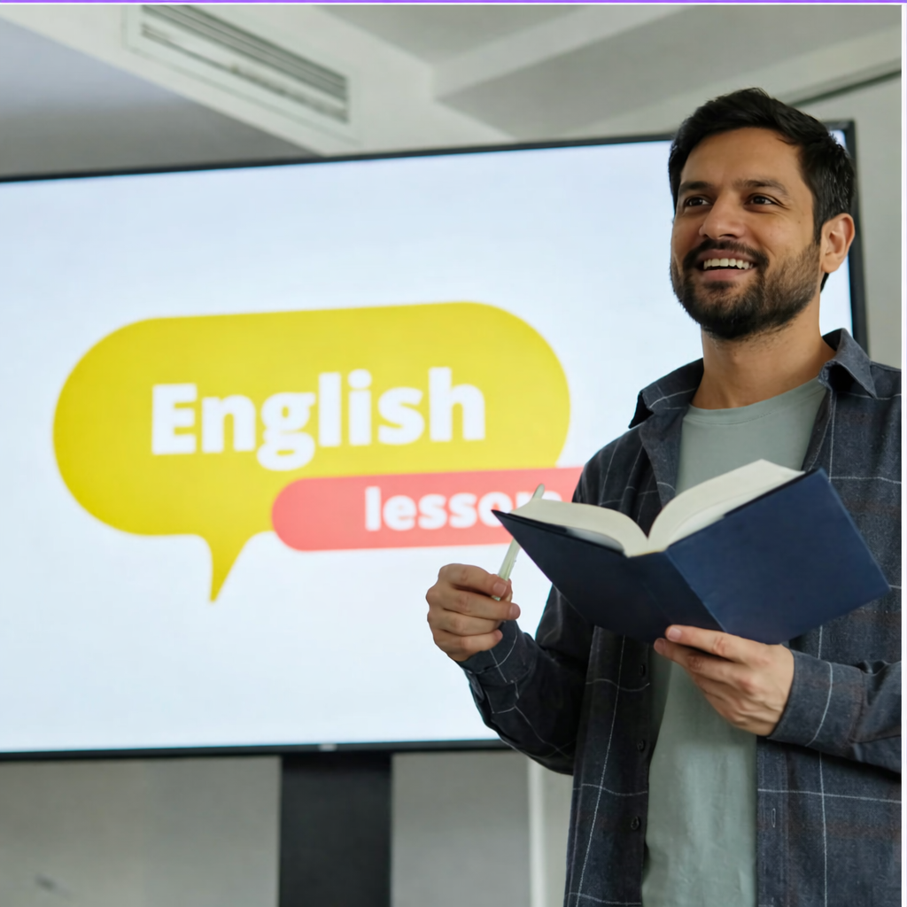 Trainer conducting a spoken English lesson using resources to improve English skills online