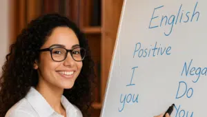 Online spoken English class in Chennai with trainer explaining grammar on whiteboard