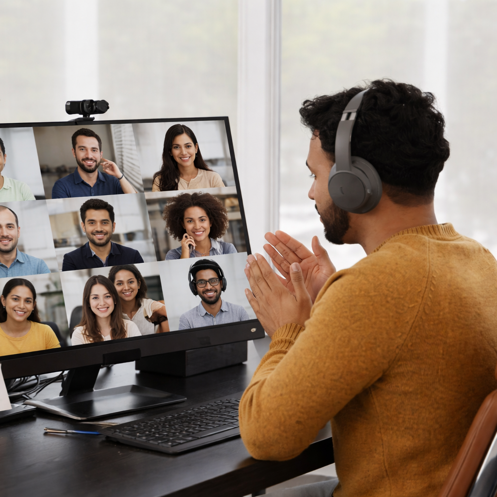 Learner attending online English group class through video call