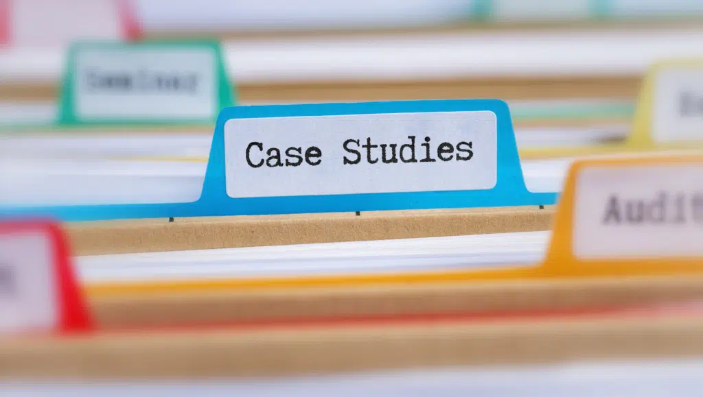 File folder tab labeled “Case Studies” in an organized document system