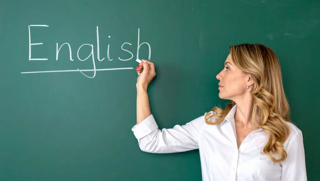 English teacher writing the word “English” on a classroom chalkboard during a lesson