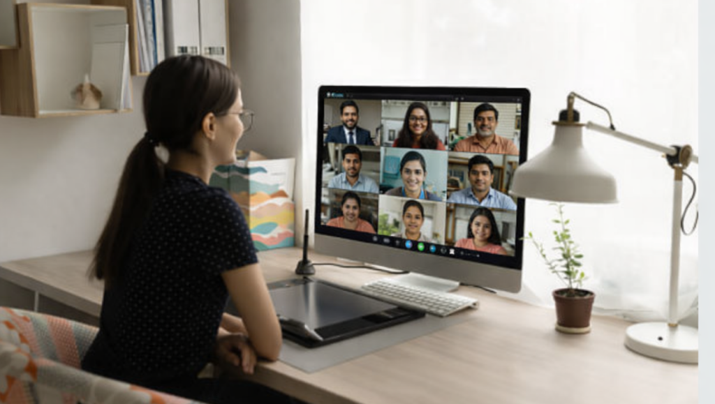 Learner attending an online spoken English group class through live video session