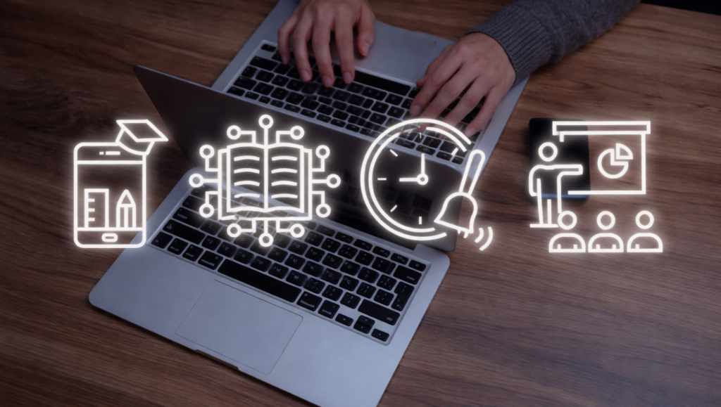 Hands typing on a laptop with digital education icons representing online learning and classroom training