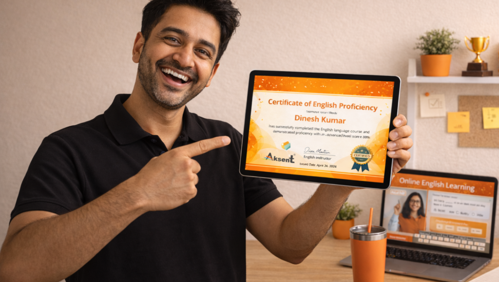 Student holding a digital certification of English proficiency