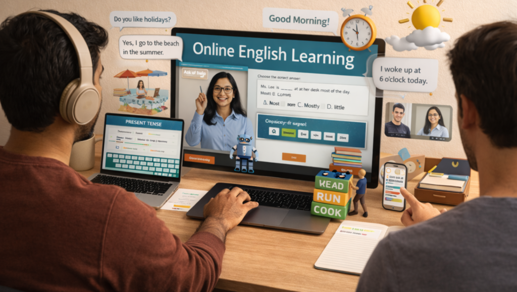 Students engaged in an online interactive English lesson
