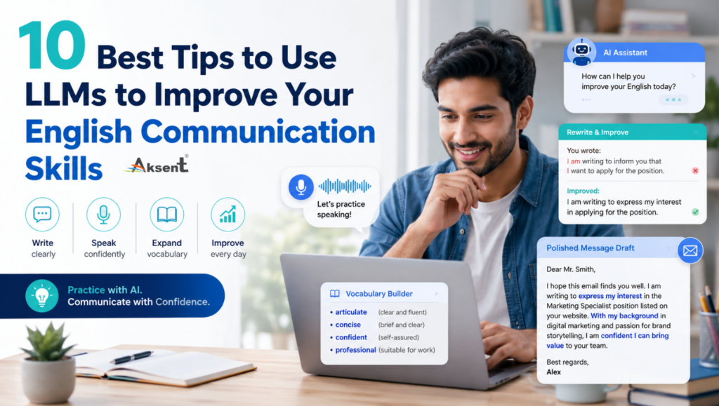 Featured blog image showing a learner using AI tools and LLMs to improve English communication skills, writing, grammar, vocabulary and speaking confidence