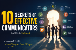Indian professionals in a business meeting learning the 10 secrets of effective communication, including active listening, clarity, empathy, feedback, teamwork, and confidence.