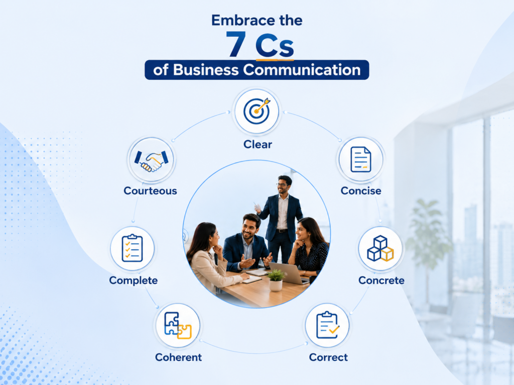 Infographic showing the 7 Cs of business communication including clear, concise, concrete, correct, coherent, complete, and courteous communication