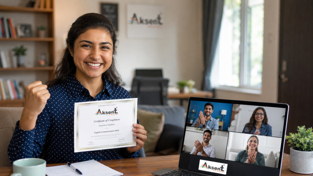 Happy learner holding English course certificate after completing online English training
