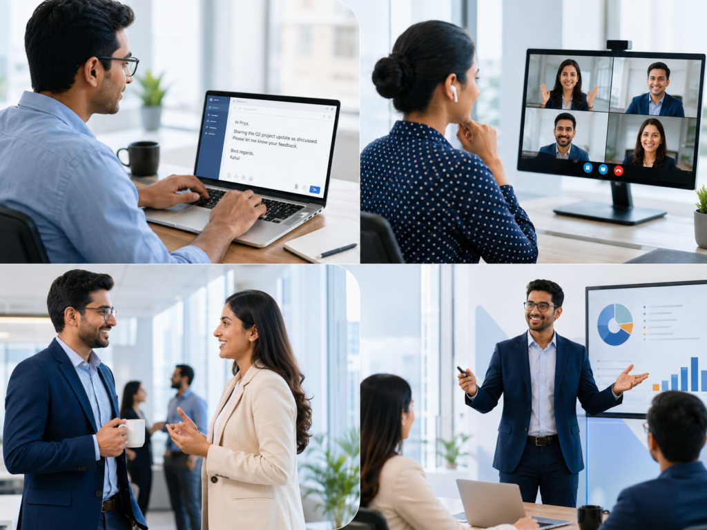 Professionals using business communication skills in emails, virtual meetings, networking conversations, and workplace presentations