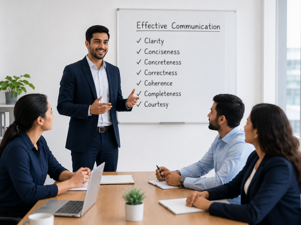 Trainer teaching professionals how to apply the 7 Cs of communication in workplace situations