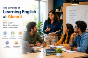 English learners practising speaking and collaboration in a professional training classroom at Aksent.