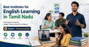 Adult learners attending classroom and online English training in Tamil Nadu with a professional trainer