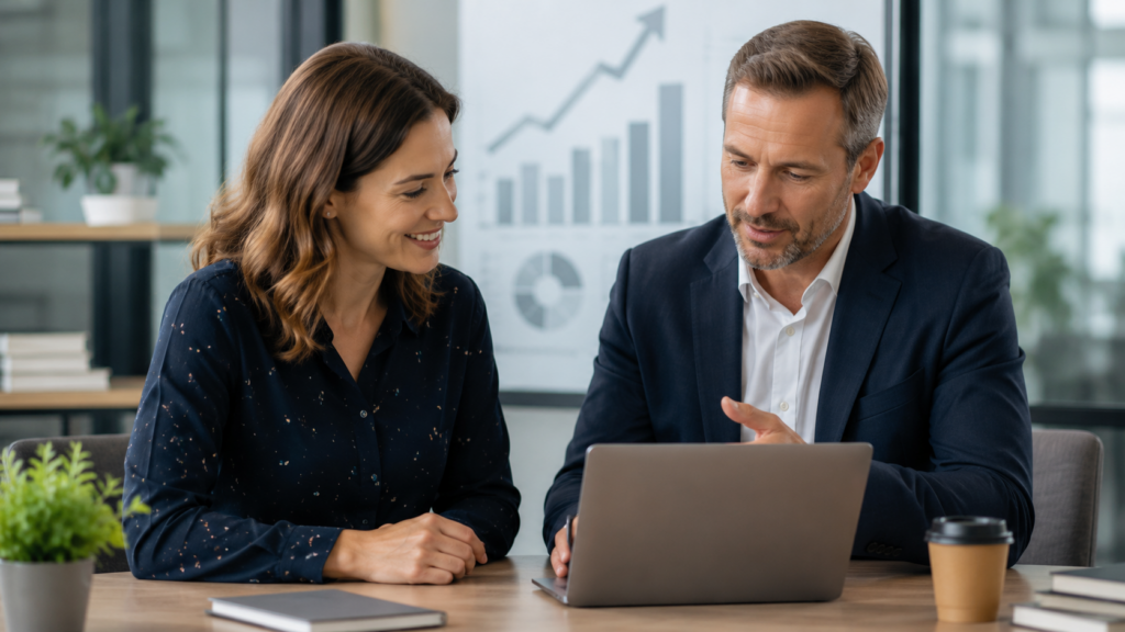 Business professionals working together with laptop and growth chart background