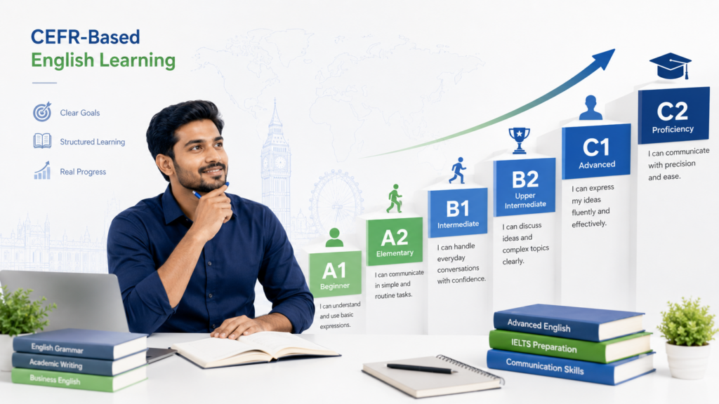 CEFR English learning levels from A1 to C2 showing step-by-step progress for learners