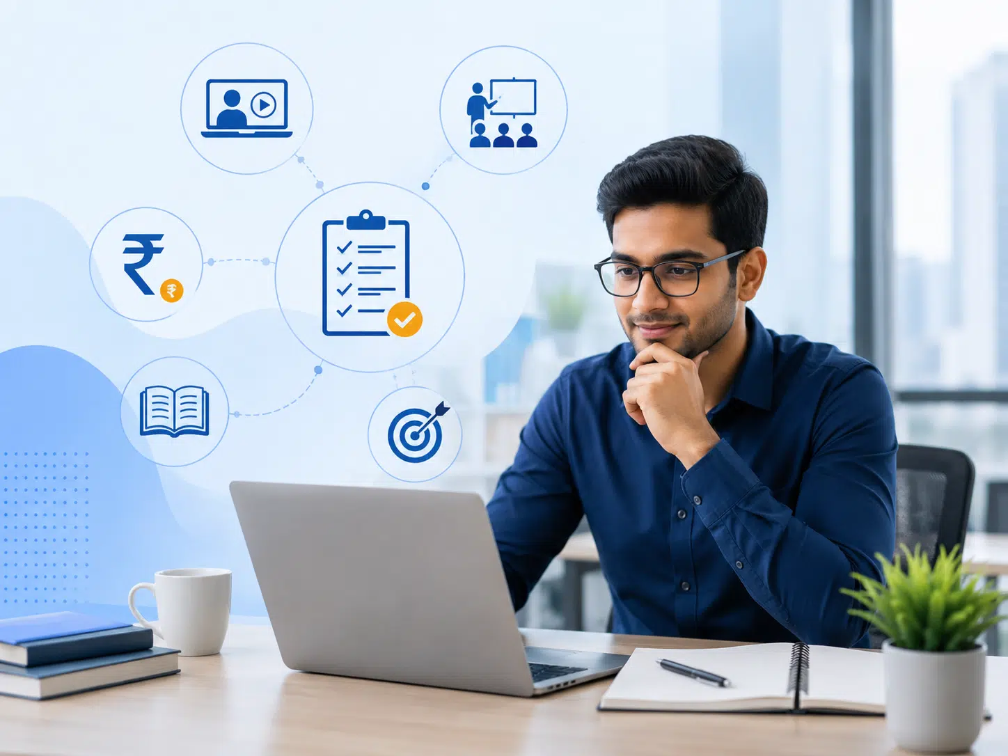 Working professional reviewing business communication course options based on goals, syllabus, learning format, and course fees