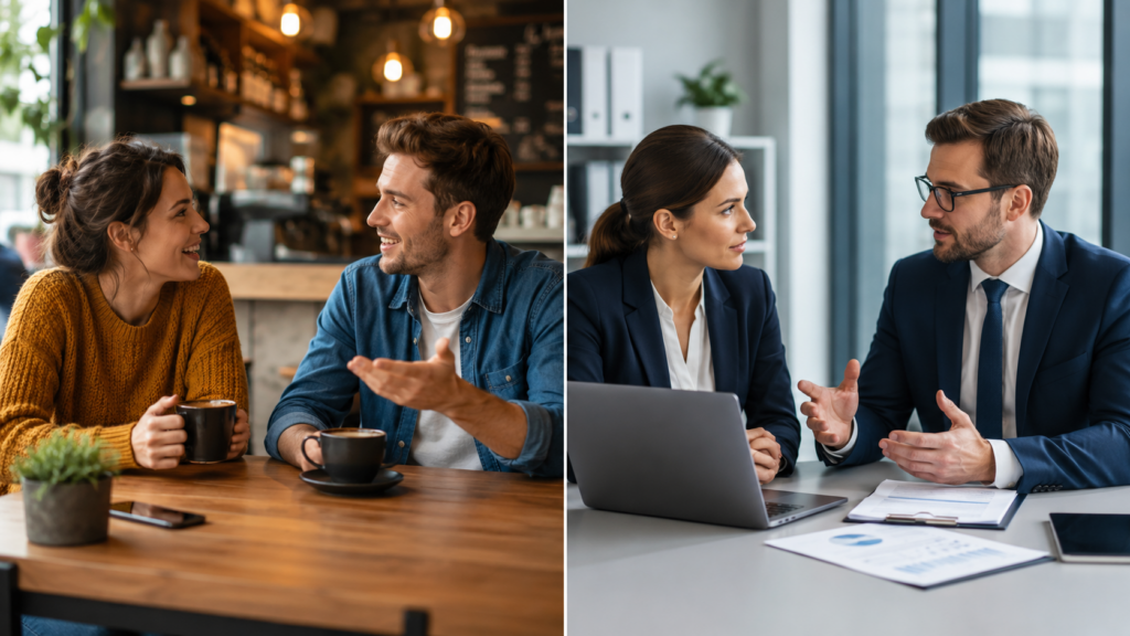 Side-by-side image showing casual conversation and formal business discussion