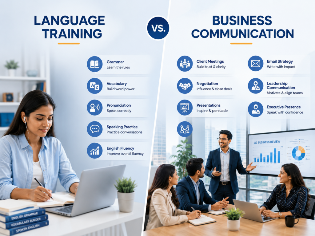 Comparison of corporate language training and professional business communication skills including grammar, fluency, meetings, emails, and leadership communication
