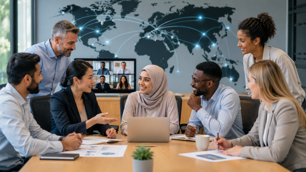 Diverse professionals collaborating in a global business meeting