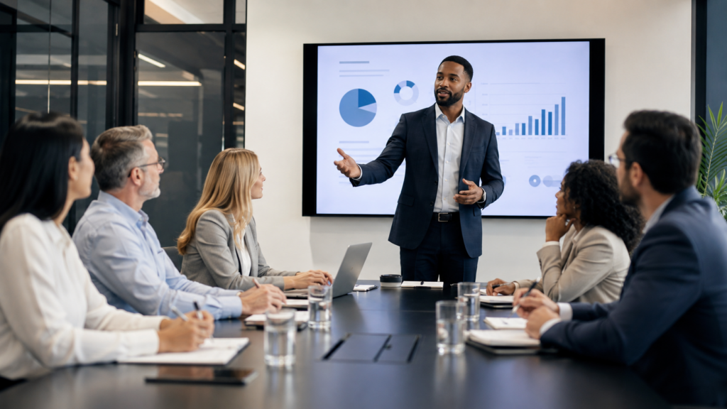 Confident presenter speaking to a team in a boardroom