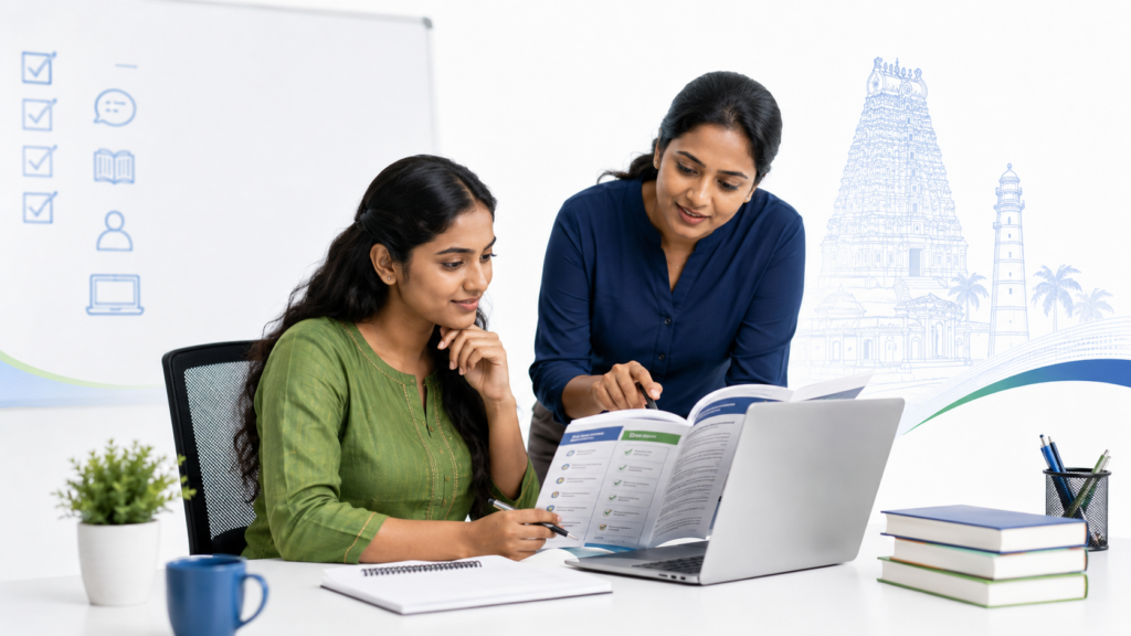 Adult learner comparing English course options with trainer guidance and checklist for course selection