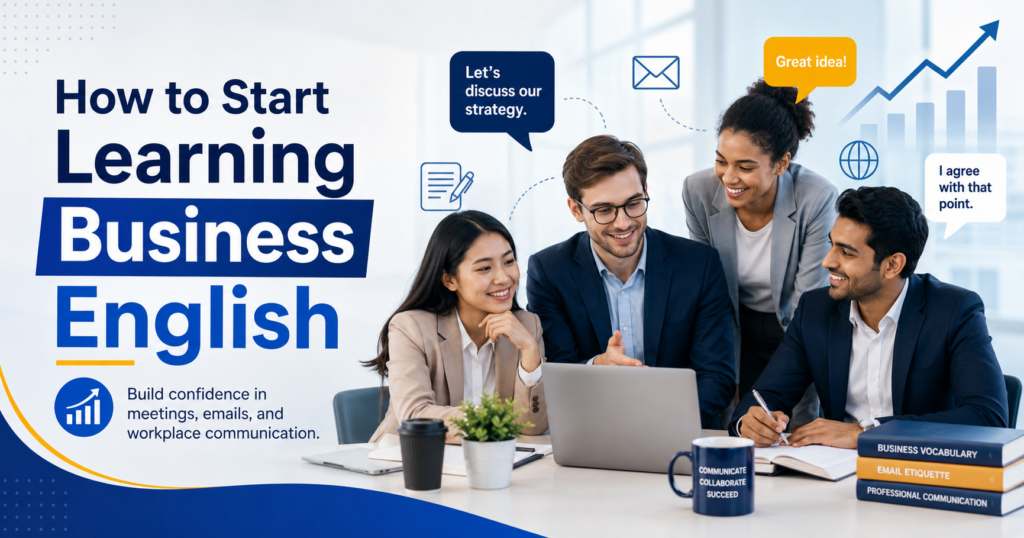 Professionals discussing Business English in a workplace setting with icons for meetings, emails, presentations, and communication skills.