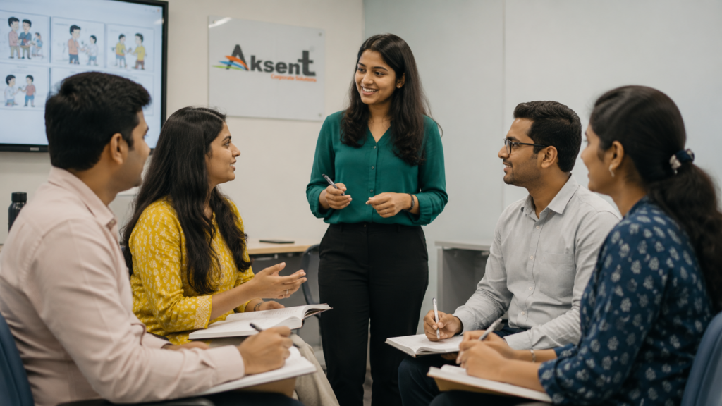 Trainer guiding learners through role play, discussion, and speaking practice in an English class