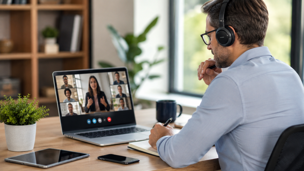 Professional attending an online meeting or virtual training session