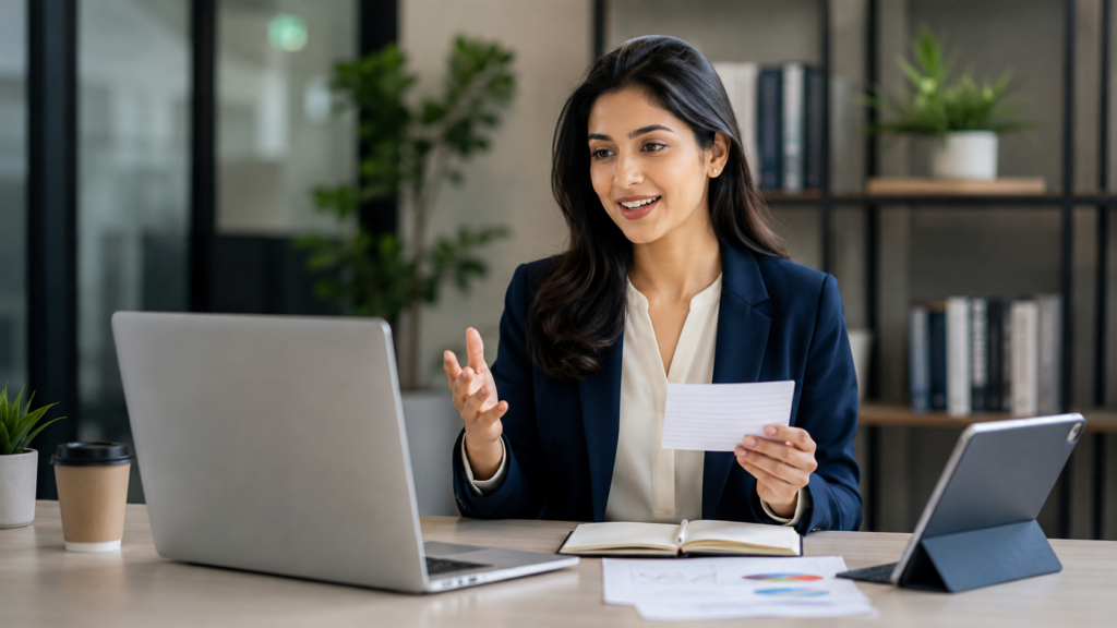 Professional practicing spoken English using notes and digital tools