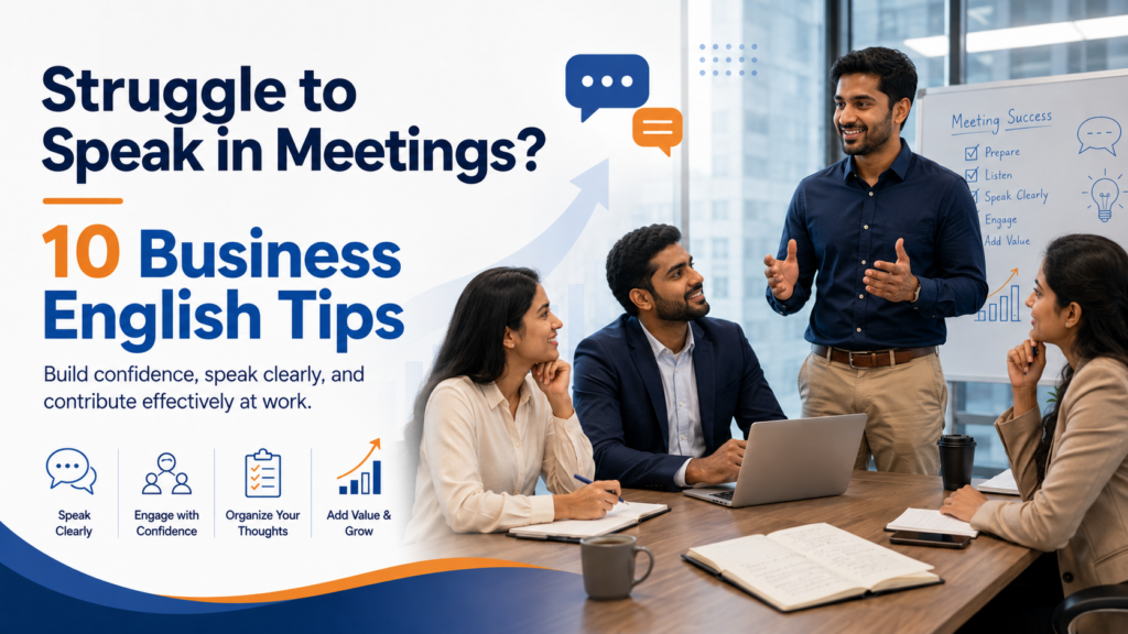 Indian professionals in a business meeting learning Business English tips to speak clearly, build confidence, and communicate effectively at work.