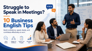 Indian professionals in a business meeting learning Business English tips to speak clearly, build confidence, and communicate effectively at work.