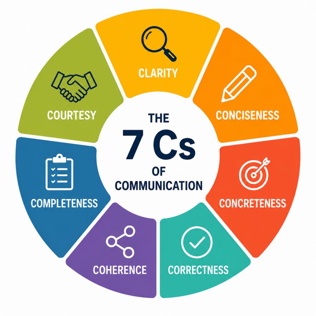 Seven Cs of communication framework showing clarity, conciseness, concreteness, correctness, coherence, completeness and courtesy