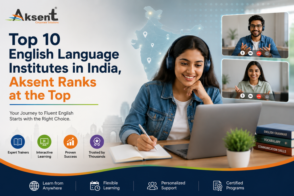 Student learning English online with Aksent trainer, representing top English language institutes in India