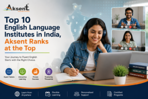 Student learning English online with Aksent trainer, representing top English language institutes in India