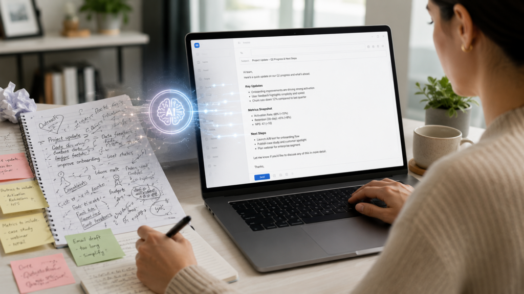 Learner using AI to turn rough notes into a clear professional English email draft for workplace communication
