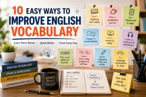 Illustration of 10 easy ways to improve English vocabulary with books, sticky notes, flashcards, apps, and a vocabulary journal.